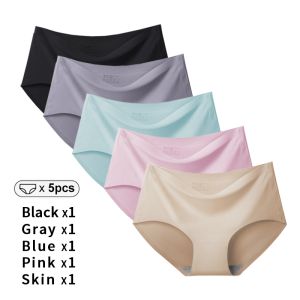 【Bundle of 5】Women Casual Ice Silk Panties Seamless Women Plus Size Mid Waist Plain M-XXL Underwear Woman