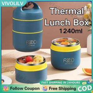 VIVOLILV 1240ml Double Layer Lunch Box Food Safe 304 Steel Vacuum Insulated Thermal Food Storage Box Portable Soup Cup With Bag For School Offices