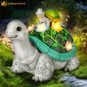 【NEW】 Solar Turtle Flower Light Turtle Flower Sculpture Decorative Tortoise Statue with Baby Waterproof Resin for Garden Decor