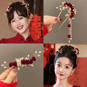 【PINK EMPRESS】ผมติดพู่สีแดง อุปกรณ์ผมวินเทจสำหรับเจ้าสาว ทรงดั้งเดิมสำหรับงานแต่ง