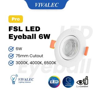 FSL 6W LED Eyeball Ceiling Downlight | 450lm Directional Spotlight | 75mm Cut-Out | Slim Design