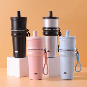GAOSU Stainless Steel 304 Straw Thermal Bottle 710ml Leak-Proof Thermal Flask Creative Large Capacity Cold Drink Cup Travel