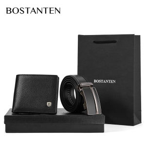 BOSTANTEN Mens Genuine Leather Belts And Genuine Cowhide Leather Bifold Wallet Gift Box Black