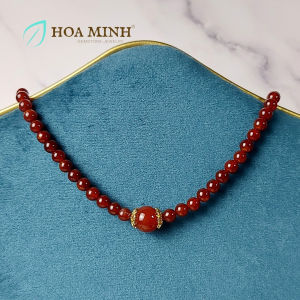 Chuỗi choker đeo cổ đá Mã Não màu đỏ sẫm size hạt 6.3 li phối charm ốp hoa và viên đá mã não size 12 li | Hoa Minh Gem