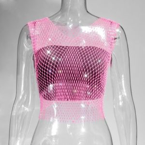 CHAOSON V-neck Fishing Net Hollow Vest Zircon Mesh Crystal Beachwear Fashion Transparent Rhinestone Camisole Lady