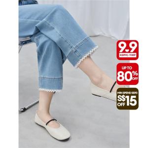 Giordano Women Lace trim ankle length high waist jeans Free Shipping 18416708
