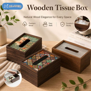 MLADEN Wooden Tissue Box Holder Boho Square Napkin Storage Solid Wood Desktop Organizer Home Office