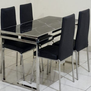 (FREE ONGKIR) 1 Set Meja Makan+4 Kursi/ Full Stainless Steel/ Batu Granit Asli Motif Marmer