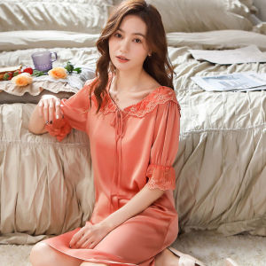 ELF TRIBE Lụa băng nightdress cho phụ nữ cổ áo búp bê đồ ngủ dễ thương phong cách công chúa quần áo kiểu dáng trang nhã