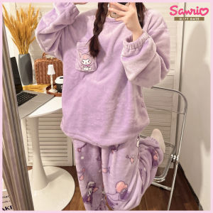 New Sanrio Kuromi Pajama Sets Women Winter Warm Plush Cute Sleepwear Print Pajama Cartoon Home Clothes ValentineS Day Gift Soft