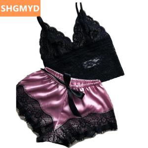 [COD] SHGMYD 1 Pajamas Set Womens Lace Sleepwear Lingerie Crop Tops And Shorts Babydoll Pajamas Underwear Nightwear