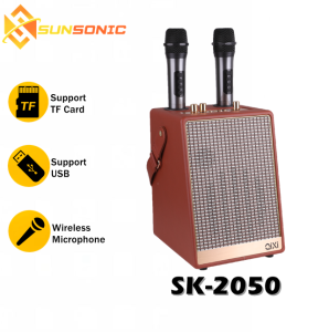 QIXI SK-2050 Shocking Bass Sound KARAOKE Wireless Bluetooth Leather Type Speaker with Two Wireless Microphone