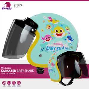 Helm Anak Bogo Retro Karakter Kartun SNI 2 3 4 5 6 7 Tahun Lucu Unik Berkendara Aman Motif Baby Shark Kaca Datar