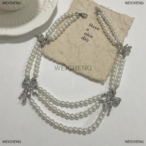 [COD] WEICHENG Elegant Pearl Necklace And Earring Set With Butterfly Knot Retro French Style Multi-layer Chain Collarbone Necklace