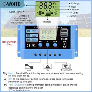 【E-WOITD】 30A 20A 10A Solar Charge Controller 12V 24V Auto Solar Panel PV LCD Controller For Lead-Acid Battery Lithium Battery Dual USB
