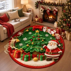 KODUS Santa Claus Christmas Rug 2D Flat Printed Tree Bell 3D Illusion Rug Xmas Decor Velvet Xmas Home Decor Room