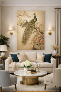 Tranh sơn mài đôi chim công bên hoa mẫu đơn size 80x120 cm hàng cao cấp xuất khẩu