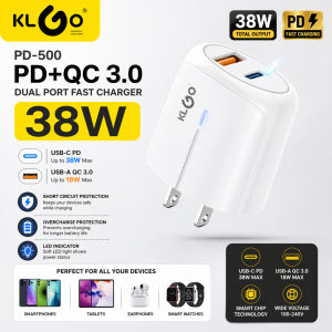 KLGO PD-500 38W PD+QC 3.0 Fast Charger Dual USB & Type-C Adapter with LED Light