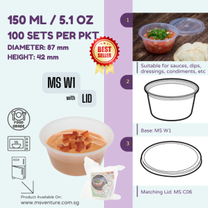 {MSV-WS} Leak Free Plastic Takeaway Sauce Cups (150ml-200ml) for Dips Dressings & Condiments Anti Leak MS W1 W1.5 W2