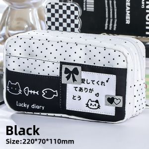 Kawaii Polka Dot Cat Pencil Case Large Capacity Multi-layer Pen Bag Cute Cartoon Kitten Stationery Pouch Washable Fabric Pencil Bag for Girls Students School Office Supplies