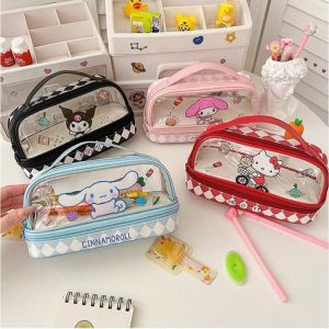 Sanrio Hello Kitty My Melody Cinnamoroll Kuromi Stationery Pencil Case Double Space Transparent Girls Cosmetic Storage Bag