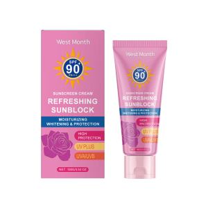 West Month Brightening protective cream with high SPF shields against UV rays evens out dullness brightens skin tone moisturizes covers imperfections and works as a makeup primer or bare-face cream.