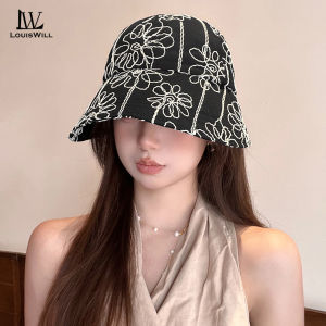 LouisWill หมวกชาวประมงหมวกแก๊ปพับเก็บได้หมวกปีกบังแดดปักลายแฟชั่นหมวกหมวกป้องกันแสงแดดชายหาดป้องกันรังสียูวีสำหรับท่องเที่ยวกลางแจ้งฤดูร้อน