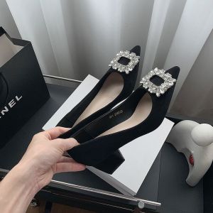 Free Shipping WomenS Black Suede Work Shoes Pointed-Toe Chunky Heel High-Heeled Shoes Comfortable For Long Periods Of Standing Professional Work Attire Soft-Soled Flats