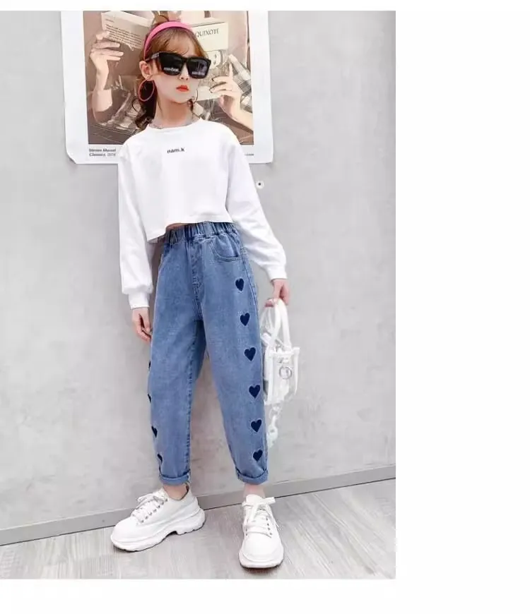 Girls Fashion New Casual Denim Maong Pants Cute Embroided Design Garterized  Jeans Kids 3-12years