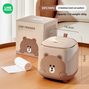 (1.5L)100% Authentic Line Friends Creative Desktop Trash Can Garbage Bins Mini Rubbish Bin Dustbin With Lid Cover Small Mini Garbage Trash Can LFB199