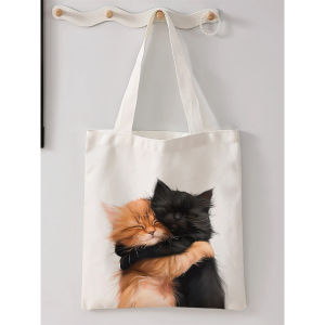 Cat pattern printed casual handbag reusable fashionable backpack multifunctional handbag canvas shopping bag JETW