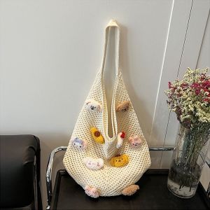 FGJEB Hollow Out Anime Doll Crochet Handbag Sweet KT Cat Shopping Shoulder Bag Fashion Cartoon Animals Woven Tote Bag Female
