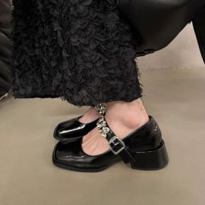 IELGY IELGY 2024 new French square toe rhinestone leather block heels Mary Jane shoes high heels women