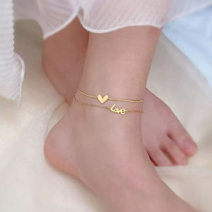 BESFOME Titanium Steel Non Tarnish Color Retention Double Snake Chain Love Letter Heart Shape Charms Anklets
