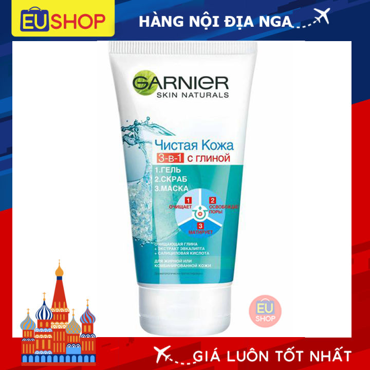 Gel rửa mặt tẩy tế bào chết làm trắng da Garnier clean skin 3in1 Gel - Scrub - Mask -Tuýp 150ml