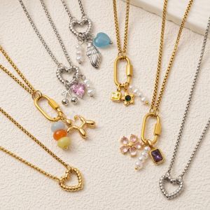 OMQAIO Light Luxury Heart Beaded Necklace Stainless Steel Crystal Collarbone Chain Women Cute Bohemian Flower Pendant Necklace Girls