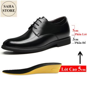 Giày tăng chiều cao nam 8cm SAHA119 da bò độn đế 8p 6cm 6p công sở cao cấp buộc dây tây đen chú rể mặc vest size nhỏ 37