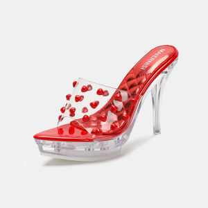 YUCHEN รองเท้าแตะส้นสูงประดับคริสตัลขนาด35-43รองเท้าแตะมีส้น4.33นิ้วสะอาดโปร่งใส