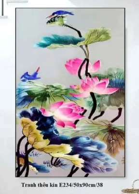 Tranh thêu chữ thập - Hoa sen - thêu kín- KT50*90cm _E234_ chưa thêu