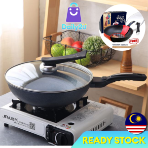 🐻DAILY2U🐻 Non Stick Pan Korea High Quality 32CM Non Stick Deep Frying Wok Pan with Pot Cover Kuali Viral with Lid Marble Frying Pan