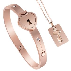 OMQAIO Thép không gỉ Vòng tay trang sức cặp đôi Khóa và chìa khóa Vàng Bạc Vòng tay khóa trái tim Quà tặng ngày lễ tình nhân Vòng tay kim loại Dây chuyền dây chìa khóa Phụ nữ Nam giới