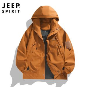 Jeep tinh thần núi dụng cụ áo khoác Jacket ngoài trời nam giới 2025 mùa xuân và mùa thu mới hợp thời trang áo khoác rộng áo khoác trùm đầu đơn giản