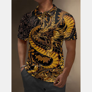 [Local Stock] HBESTY Retro Golden Dragon Polo Shirt Mens Clothing Street Harajuku Lapel Polo Shirts 3d Printed Irregular Pattern Flamingo Tee Top