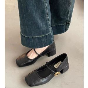 Free Shipping New Retro-Style Chunky-Heeled Shoes For Women Spring 2026 Collection Shallow-Toe Square-Toe Design Perfect With Dresses Shallow Pumps