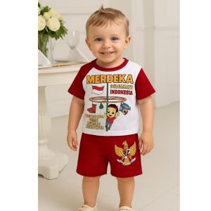Setelan Baju Merah Putih Bermotif Model Terbaru Bahan Katun Ready Usia Anak 3 Bulan-10 Tahun