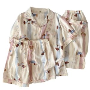 M-4XL Padded Pajama for Women Plus Size Cotton 3 piece Pajamas Set Plus Size Terno Summer Short sleeve Sleepwear Woman Cartoon Cute Home wear