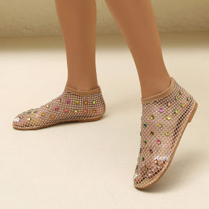 Free Shipping Plus-Size New Flat-Soled Colorful Diamond-Studded Fishnet Socks Flat-Soled Slip-On Sandals