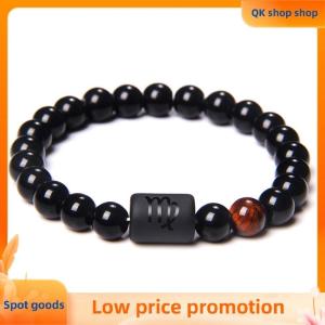 ✨QK shop✨ 12 Constellation Zodiac Signs Beads Couple Bracelet Natural Black Onyx Stone Elastic Charm Bracelet for Women Men