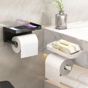 KEYOOL Wall Mounted Toilet Paper Holder Plastic With Shelf Tissue Holder Multifunctional No Drilling Toilet Organizer Rack Bathroom Use