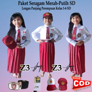 setelan seragam sekolah SD merah putih perempuan lengan panjang dan lengan pendek kelas 1-6 SD paket lengkap